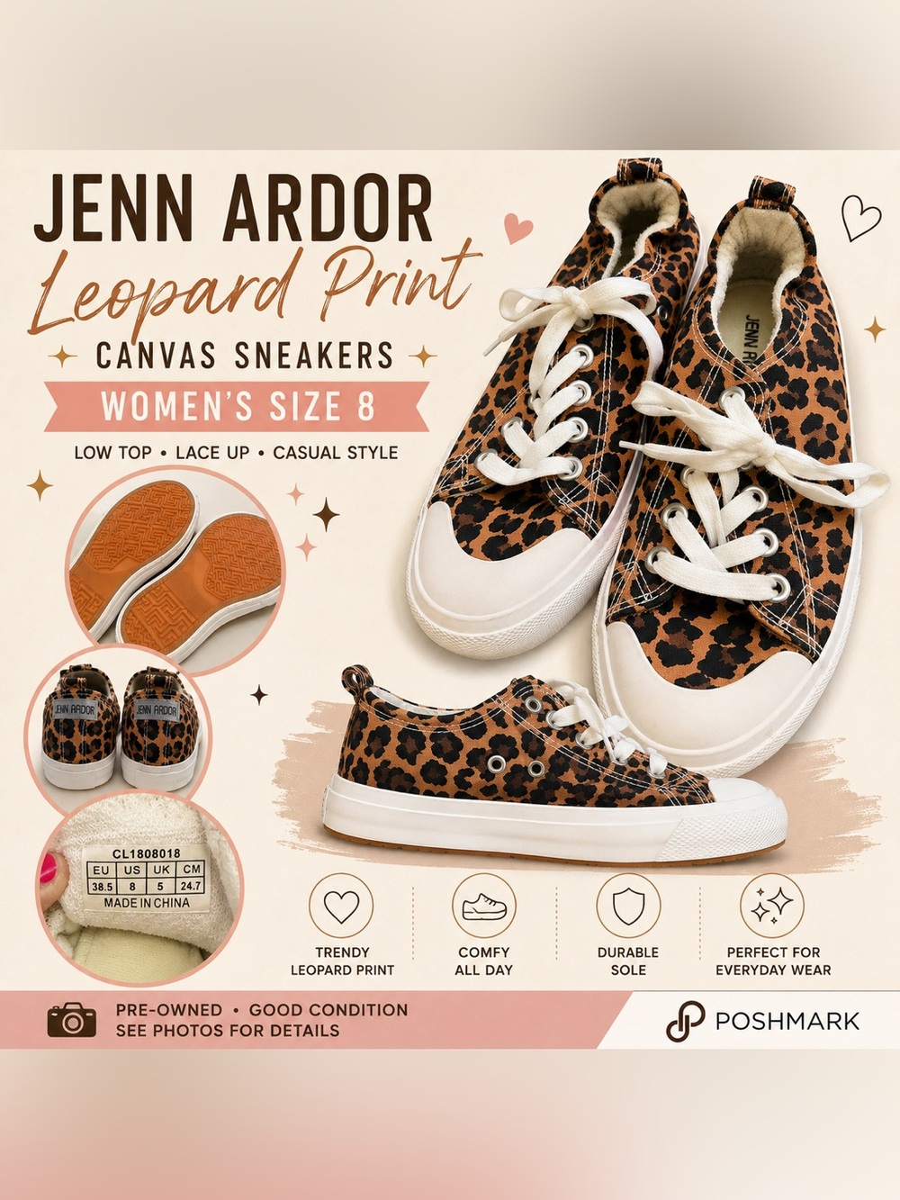 Jenn Ardor Leopard Print Canvas Sneakers - Brown & Black size 8